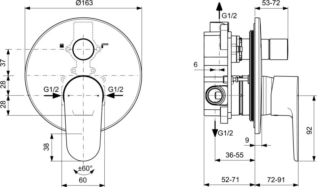 Ideal Standard Cerafine O - Inbouwkraan Voor 2 Uitgangen, Zwart BD135XG 4 Ideal Standard Cerafine O - Inbouwkraan Voor 2 Uitgangen, Zwart BD135XG - Afbeelding 2